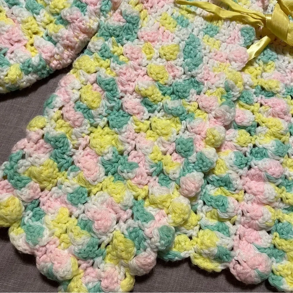 Vintage Handmade Colorful Crochet Knit Kids Jacket Fits Sizes 2+ Adjustable Bow